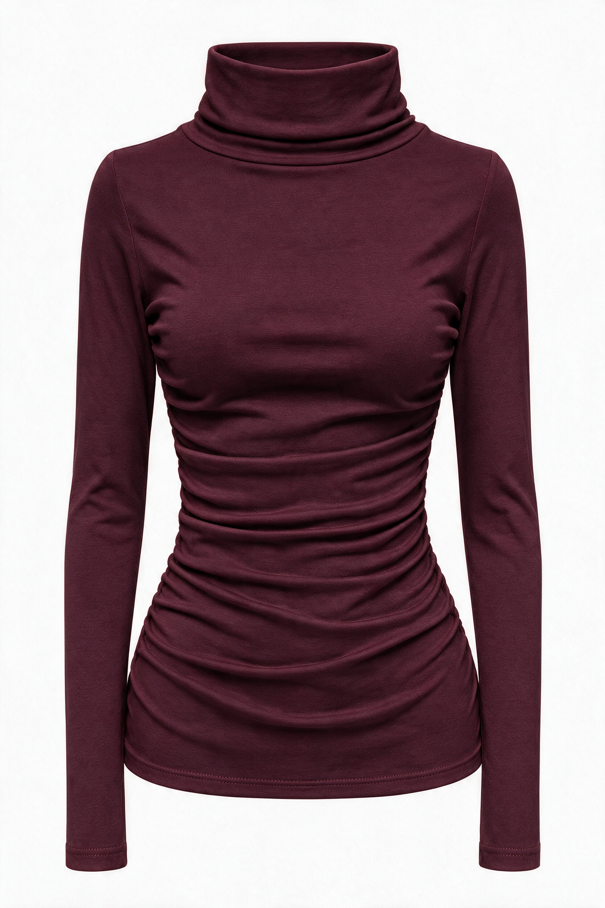 Ruched Turtleneck Long Sleeve Top — Burgundy
