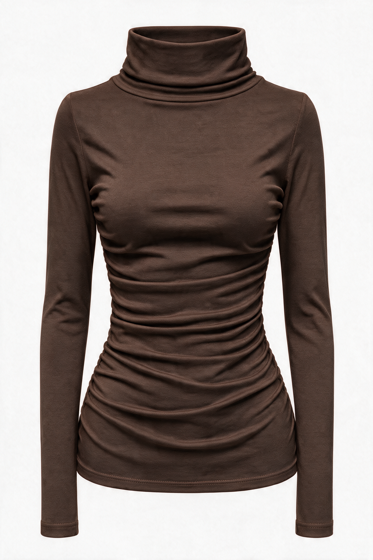 Ruched Turtleneck Long Sleeve Top — Brown