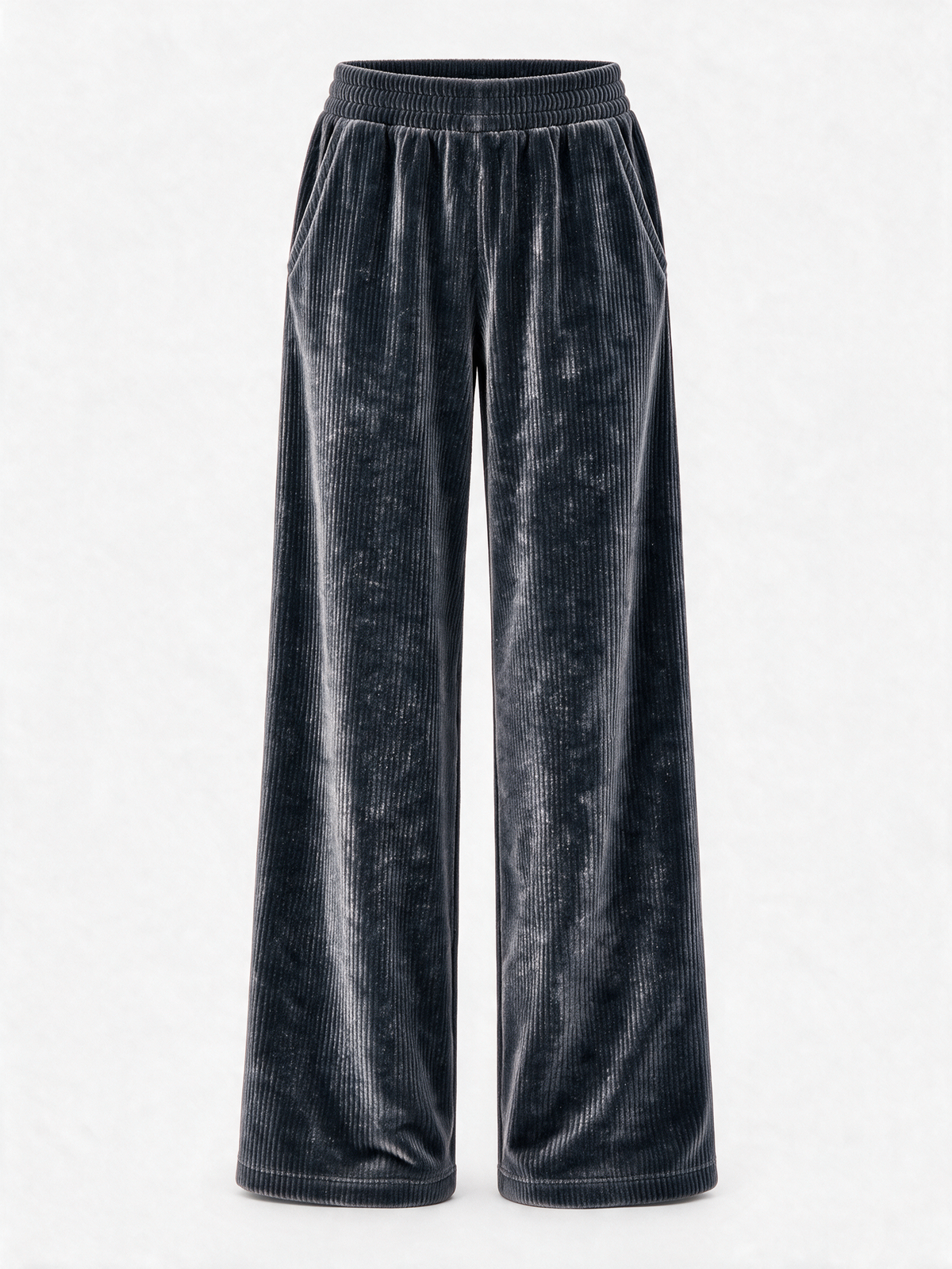 Velour Ribbed Wide-Leg Pants — Charcoal
