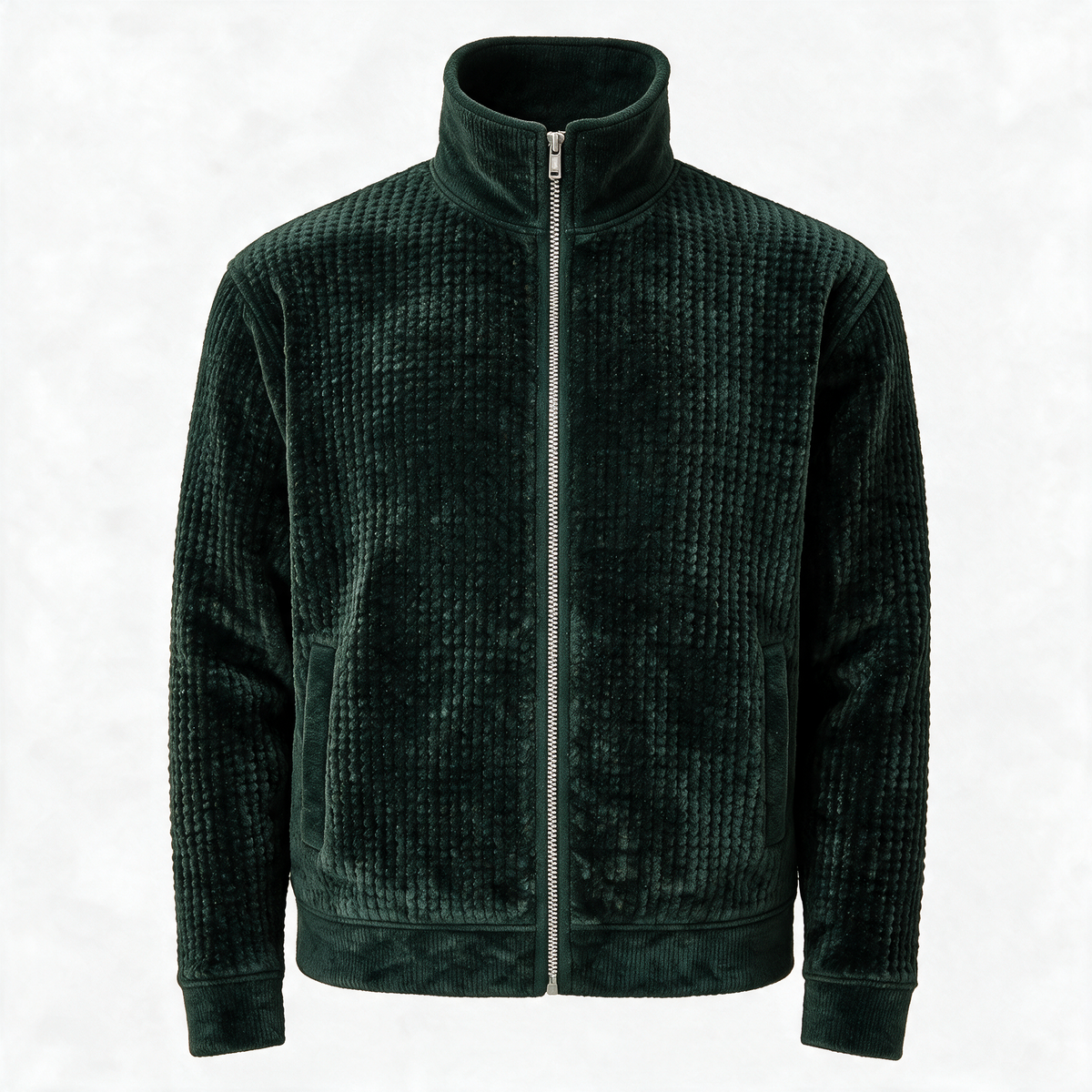 The Waffle Velour Zip Cardigan — Forest Green
