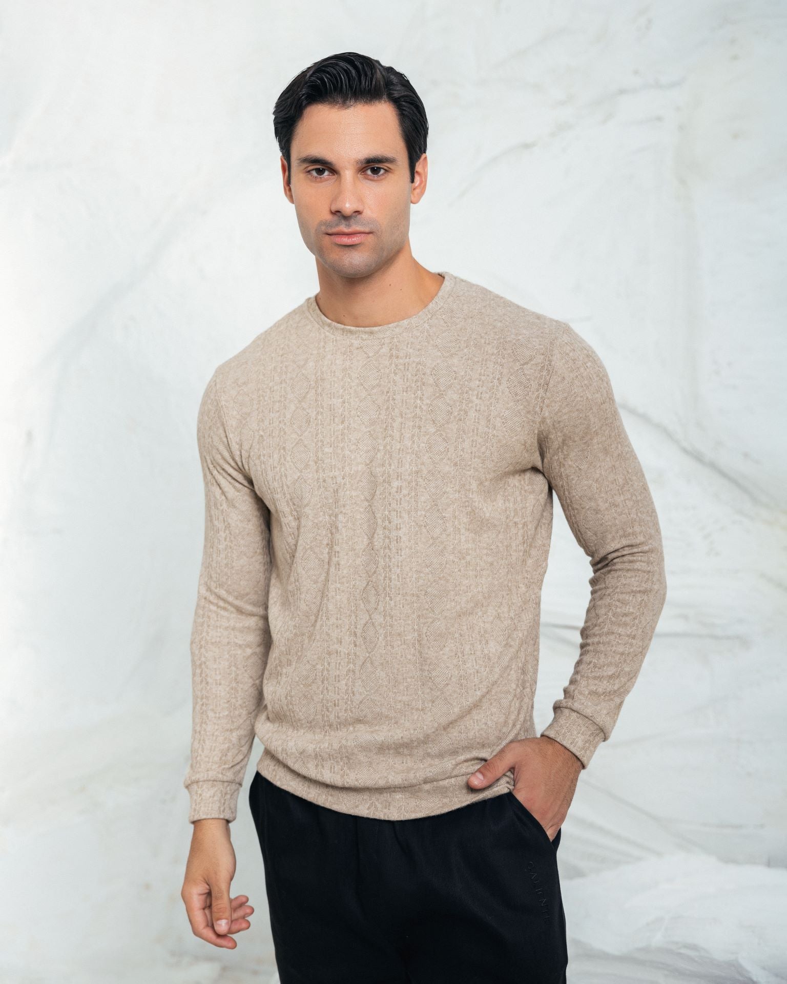 Beige jacquard strik close-up