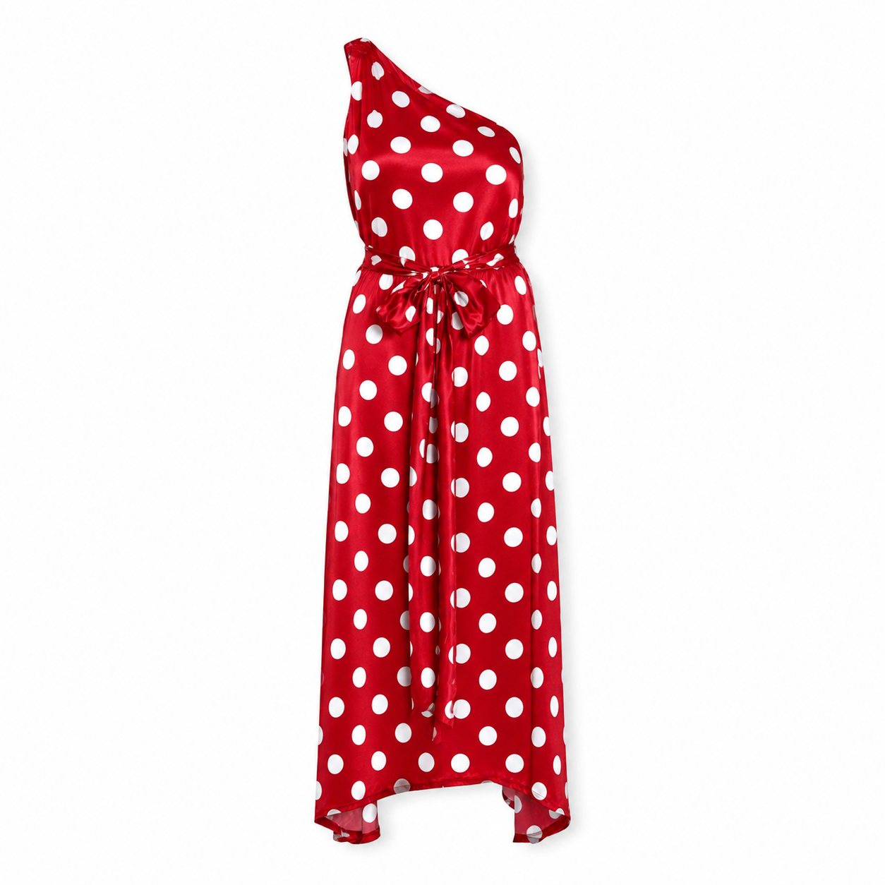 The Dot Satin One-Shoulder Maxi — Red