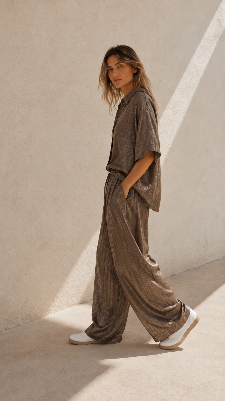 Crinkle Silk Shirt — Mushroom Taupe