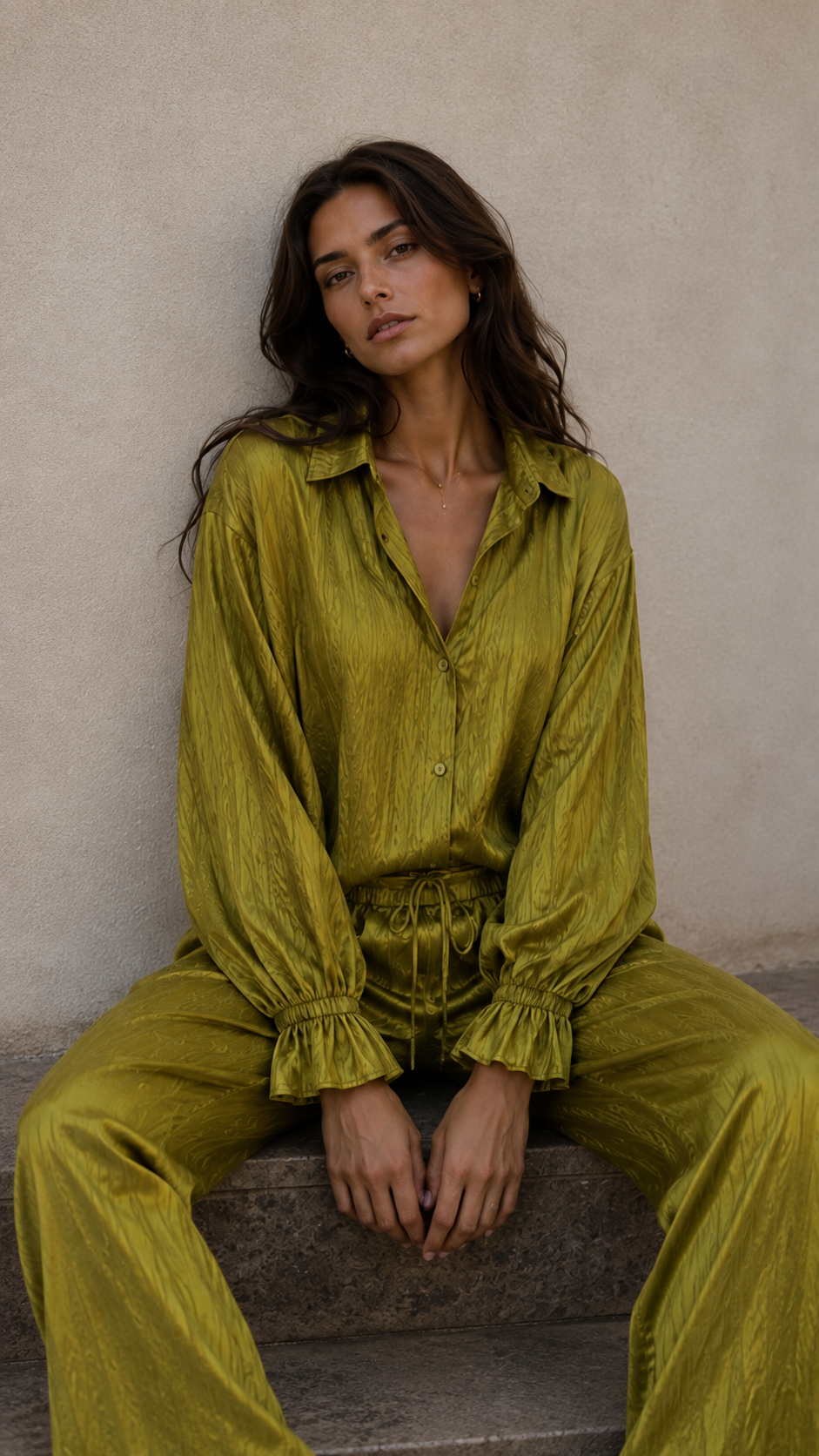 Crinkle Silk Balloon Shirt - Chartreuse Olive