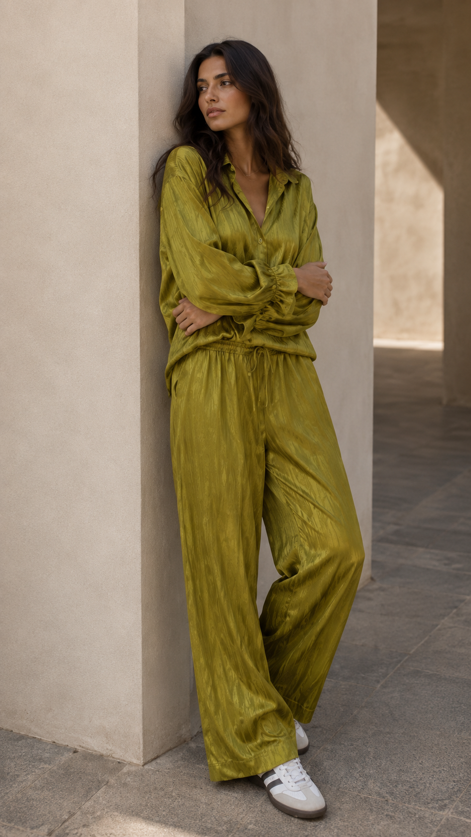 Crinkle Silk Balloon Shirt - Chartreuse Olive