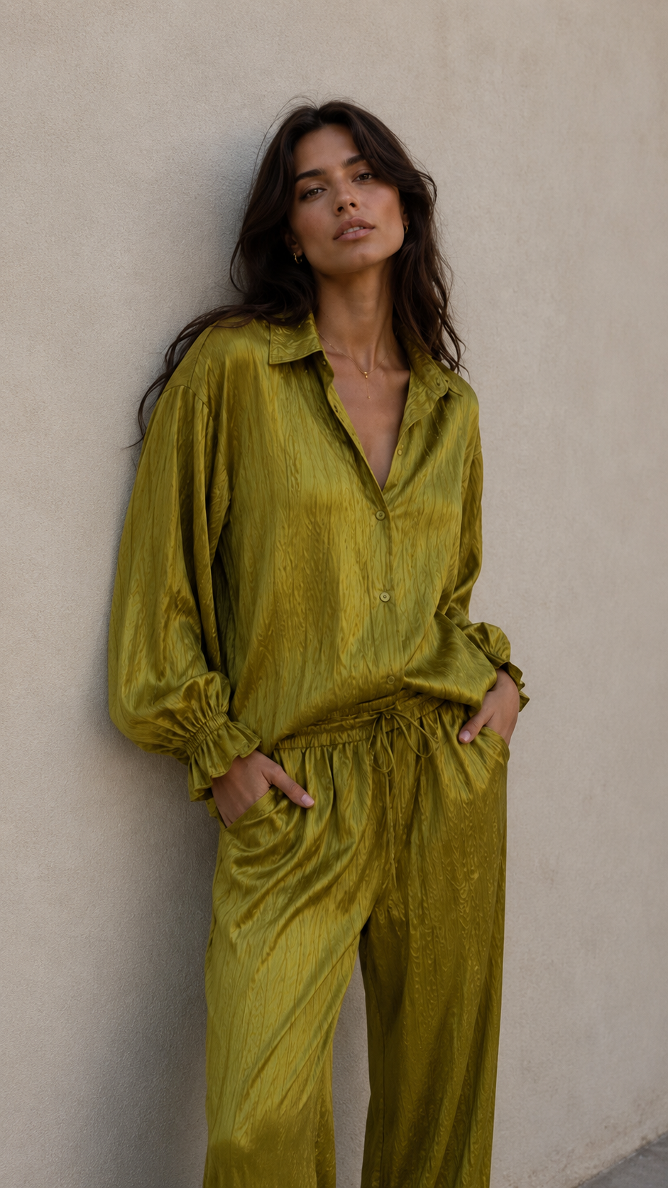 Crinkle Silk Balloon Shirt - Chartreuse Olive