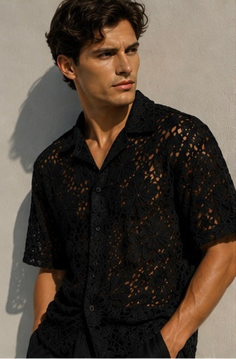 Floral Lace Camp Shirt — black