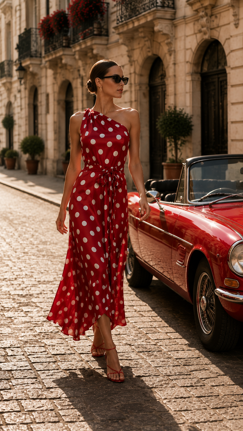 The Dot Satin One-Shoulder Maxi — Red