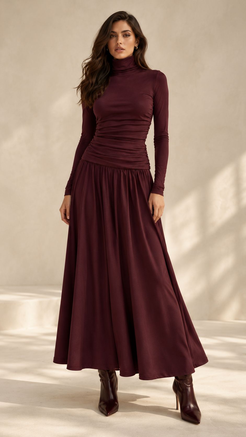 Ruched Waist Maxi Skirt — Burgundy