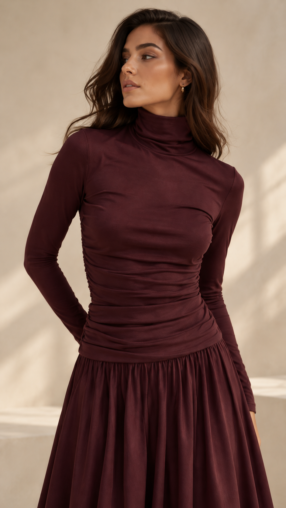 Ruched Turtleneck Long Sleeve Top — Burgundy