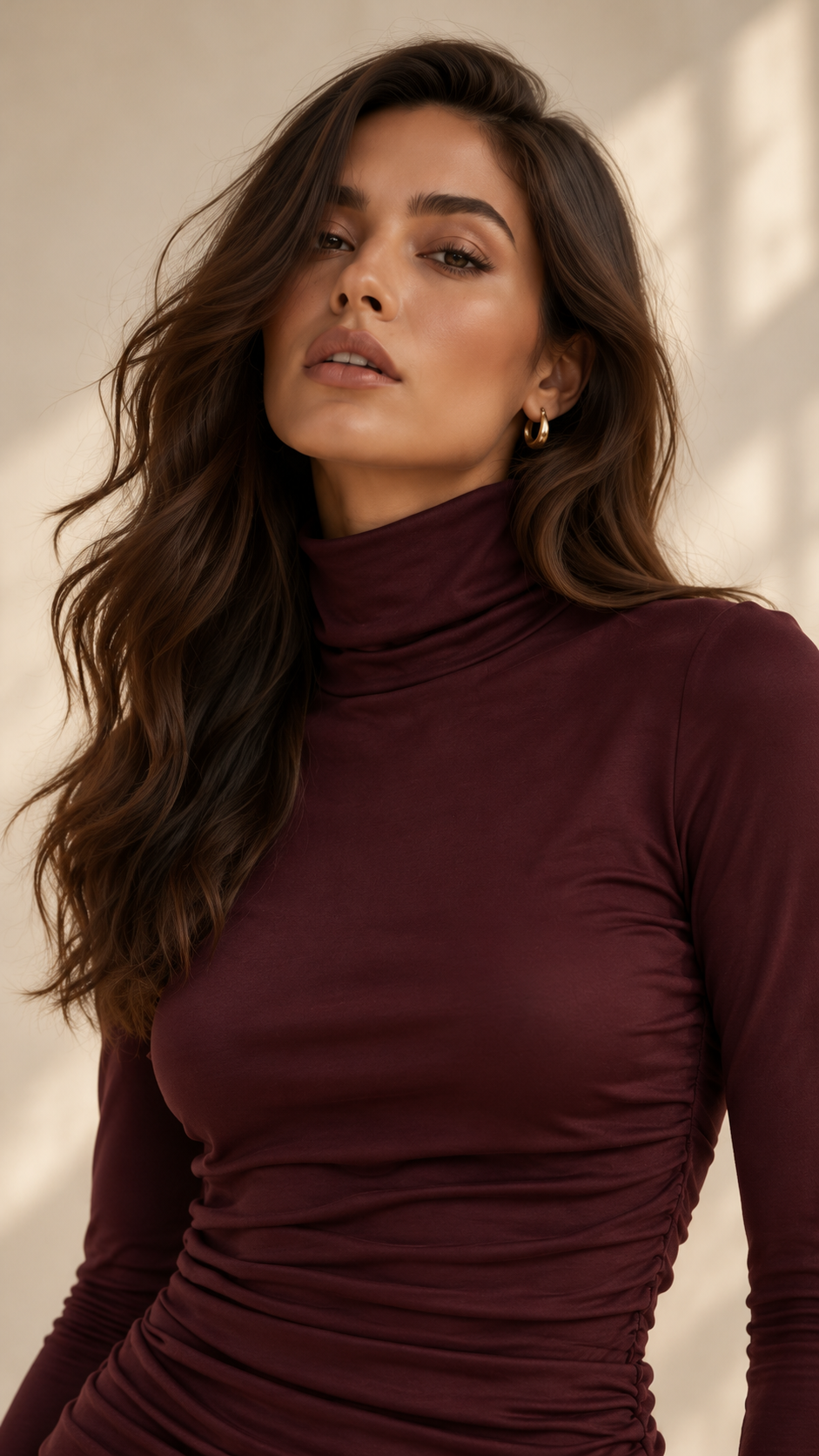 Ruched Turtleneck Long Sleeve Top — Burgundy