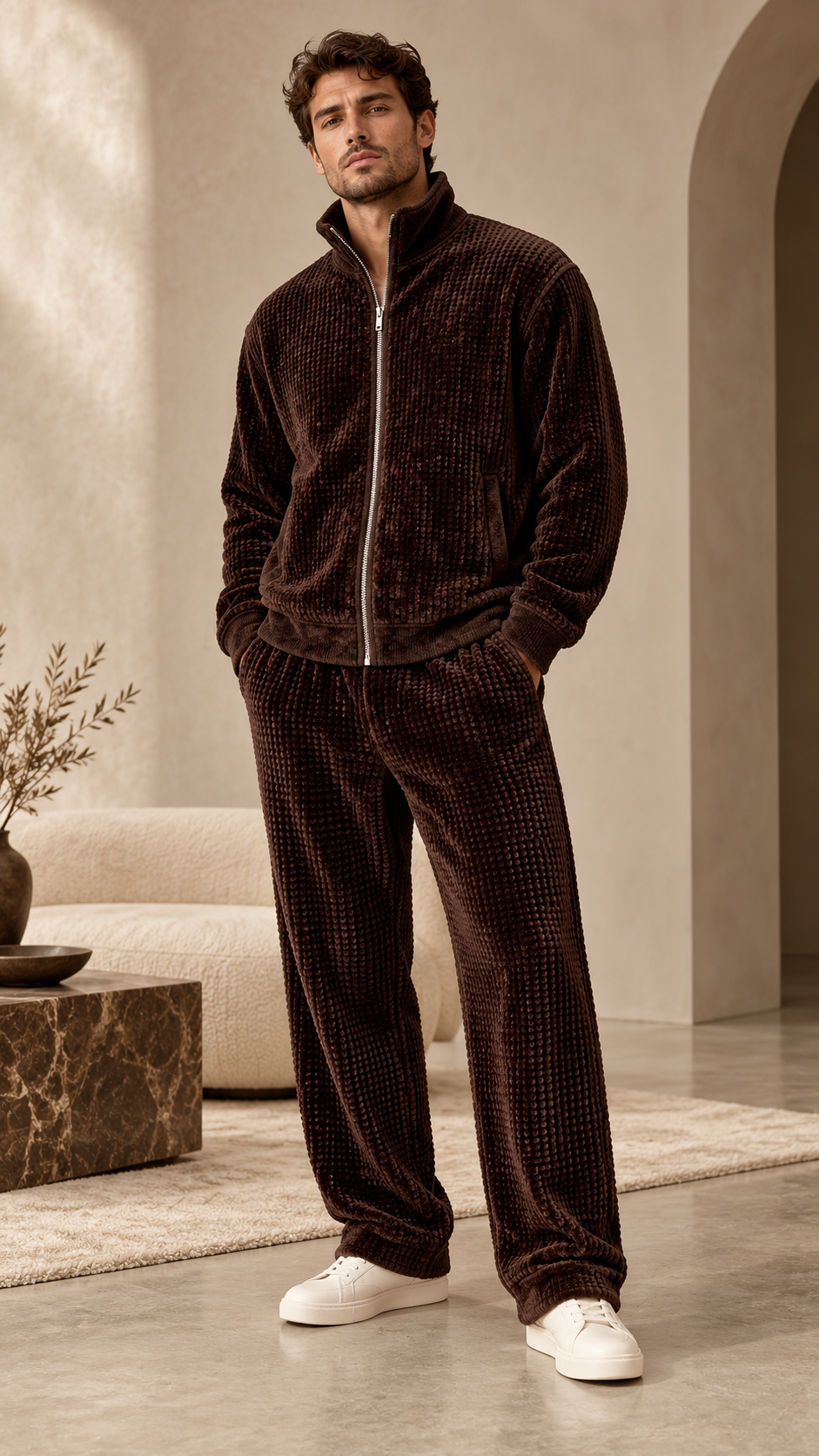 The Waffle Velour Zip Cardigan — Dark Chocolate
