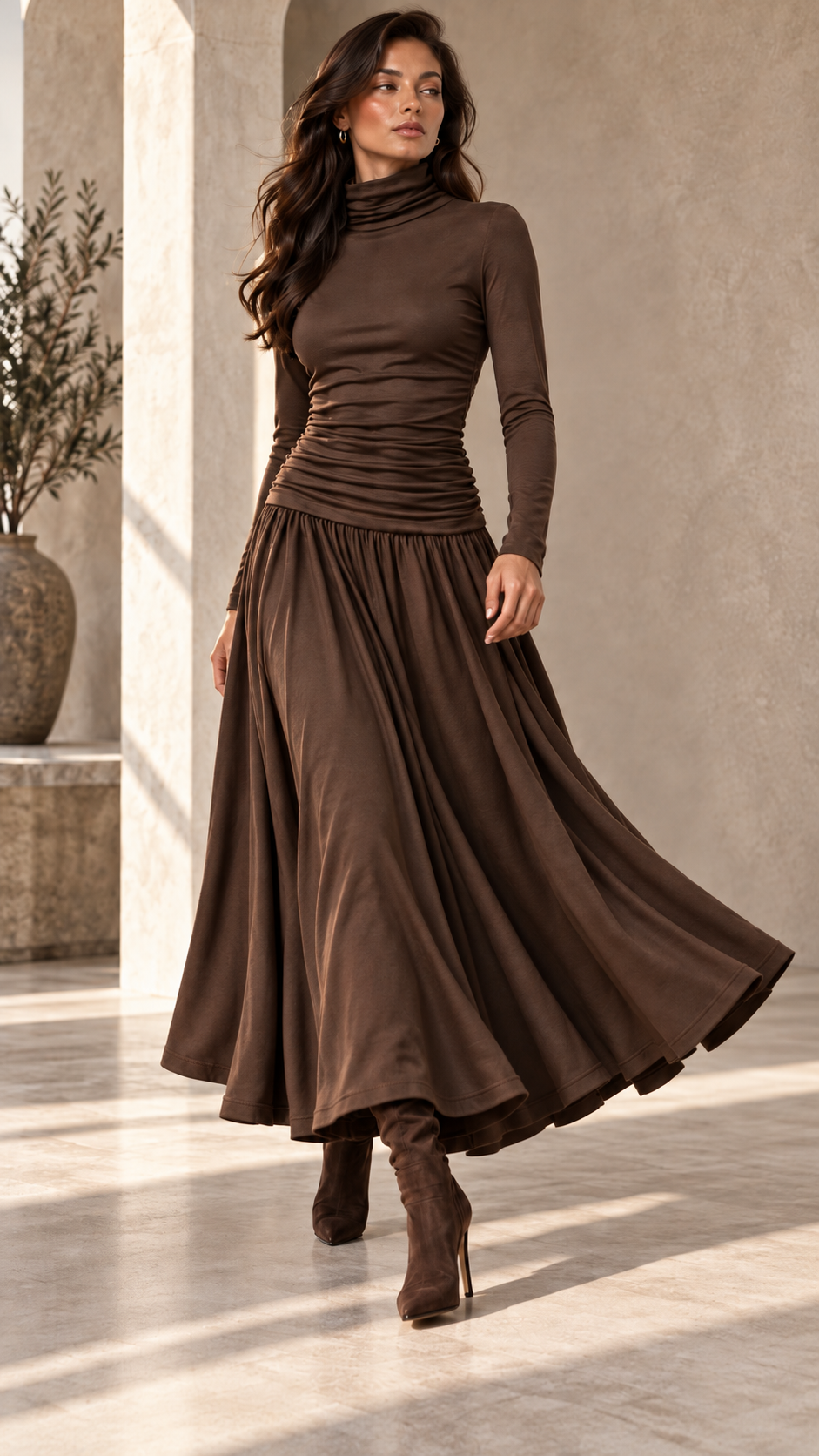 Ruched Waist Maxi Skirt — Brown