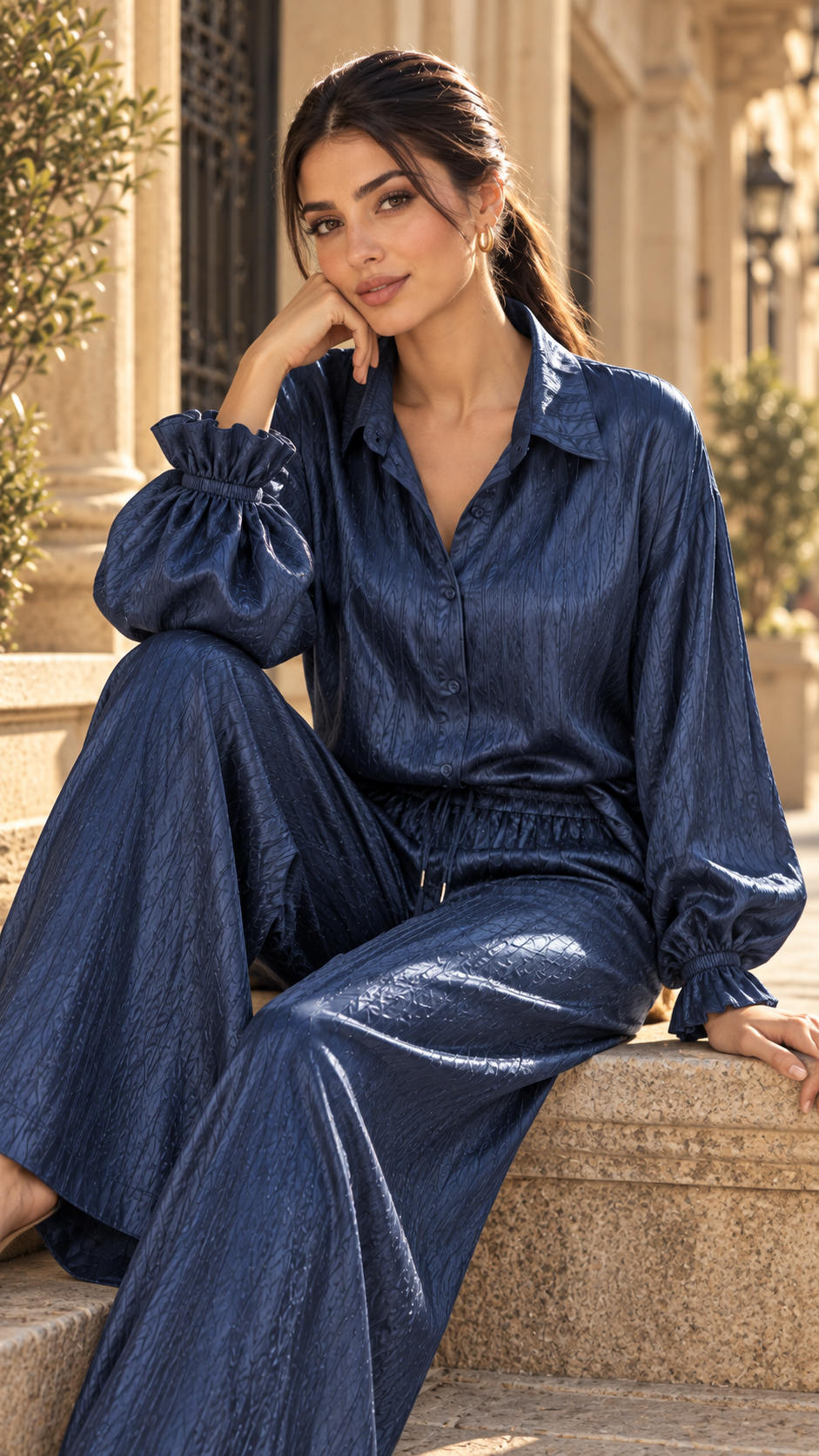 Crinkle Silk Balloon Shirt - Navy