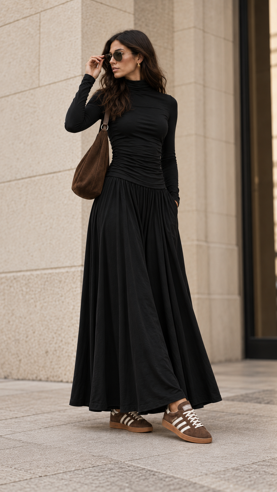 Ruched Turtleneck Long Sleeve Top — Black