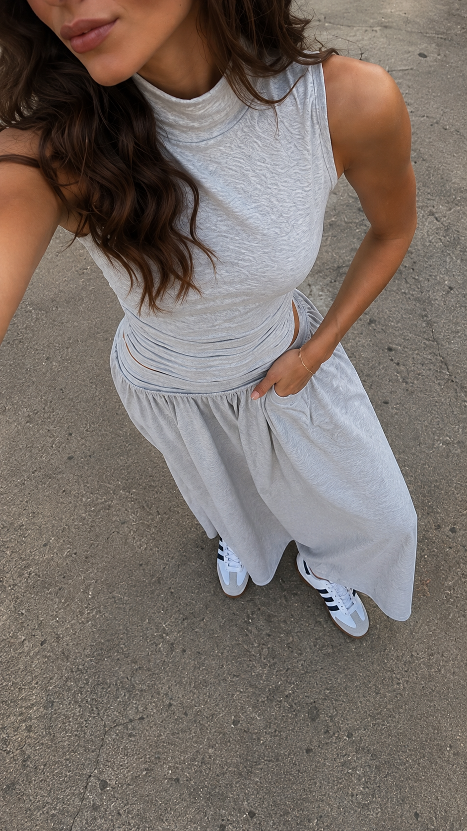 Ruched Turtleneck Top — Grey Melange