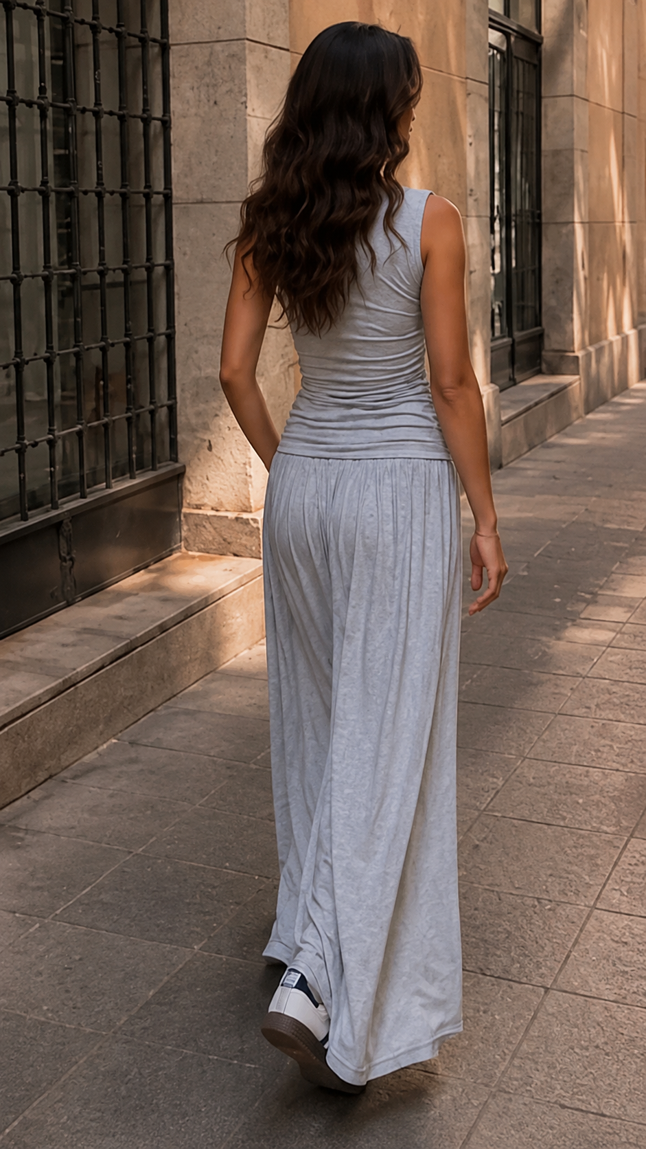 Ruched Waist Midi Skirt — Grey Melange