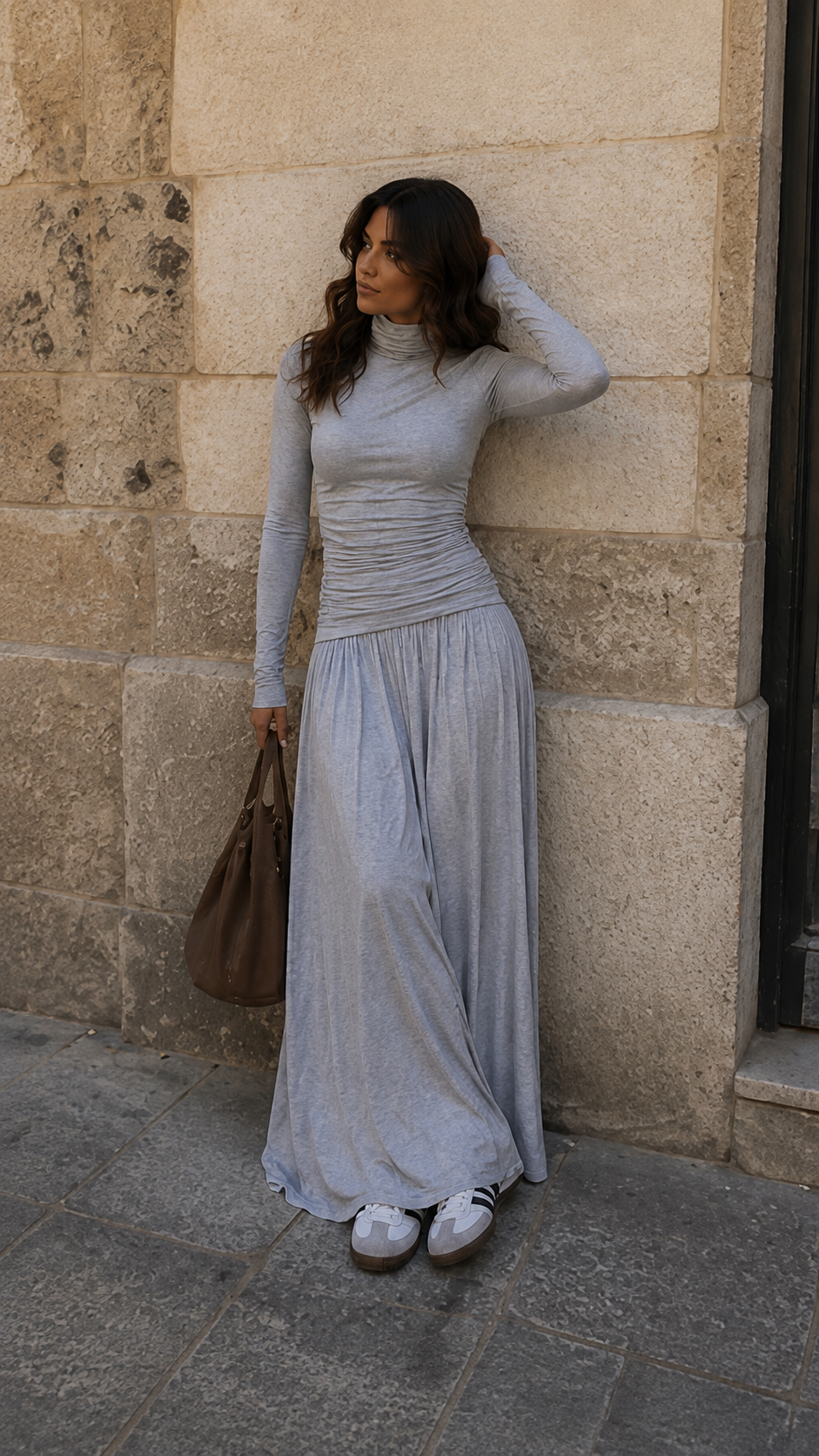 Ruched Waist Midi Skirt — Grey Melange