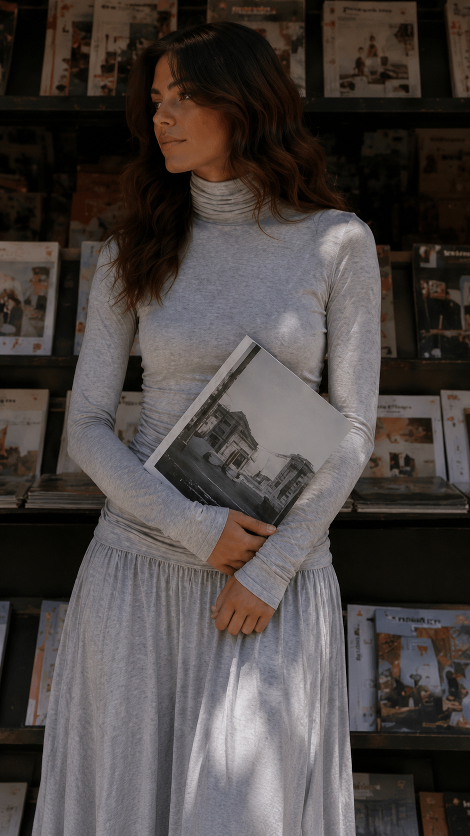 Ruched Turtleneck Long Sleeve Top — Grey Melange