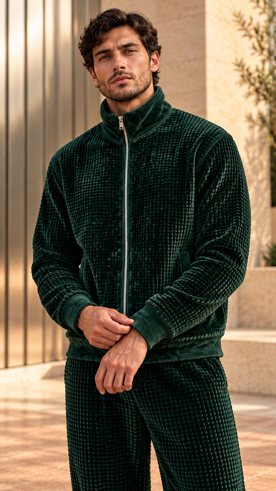 The Waffle Velour Zip Cardigan — Forest Green