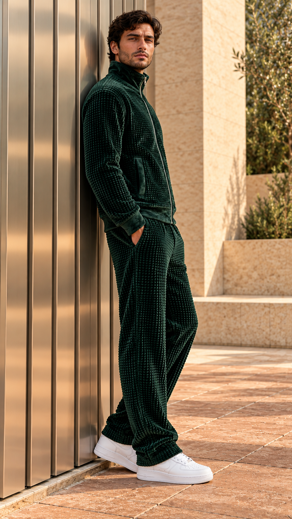 Waffle Velour Pants — Forest Green