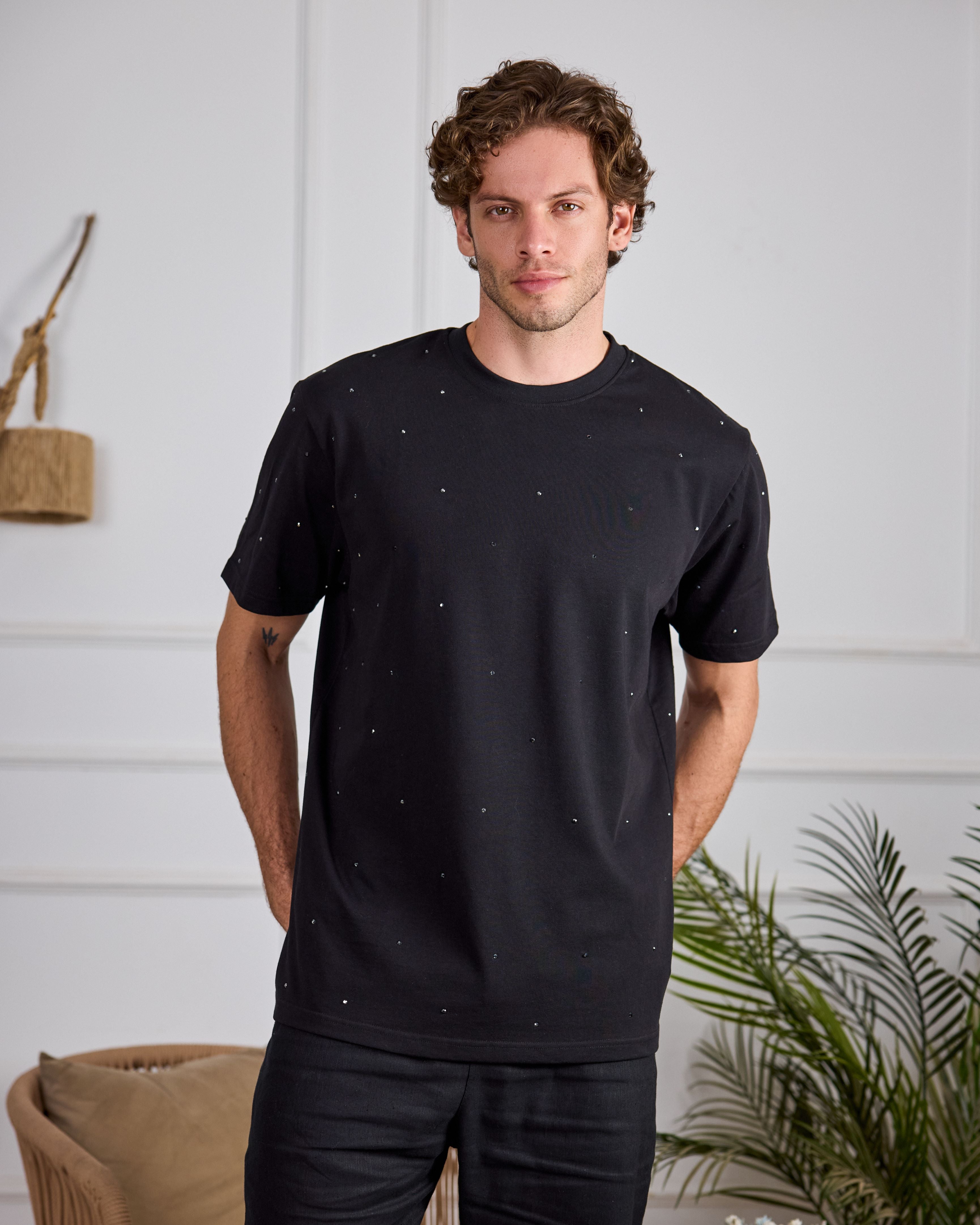 Black oversize T-shirt with rhinestones