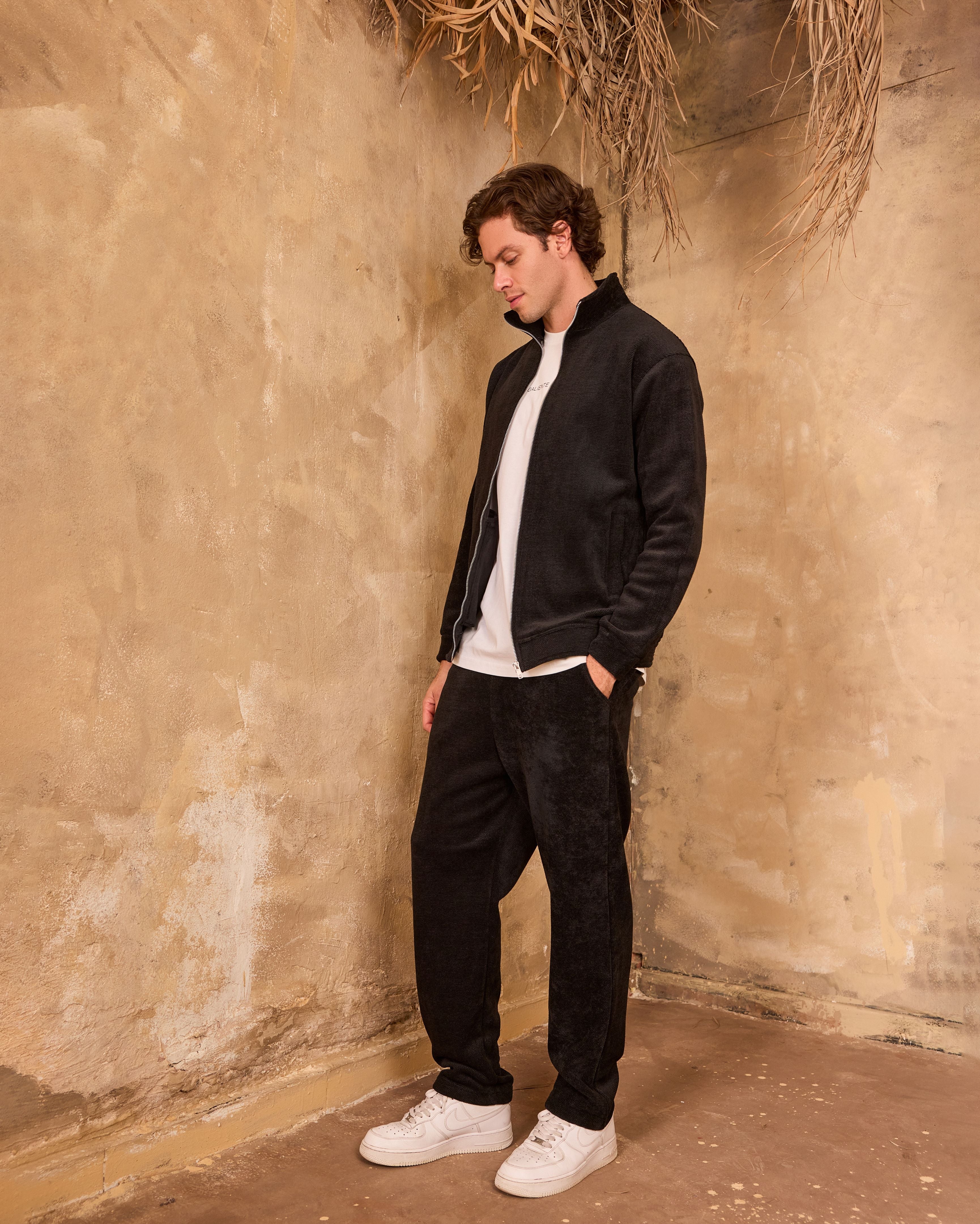 Black velvet funnel neck