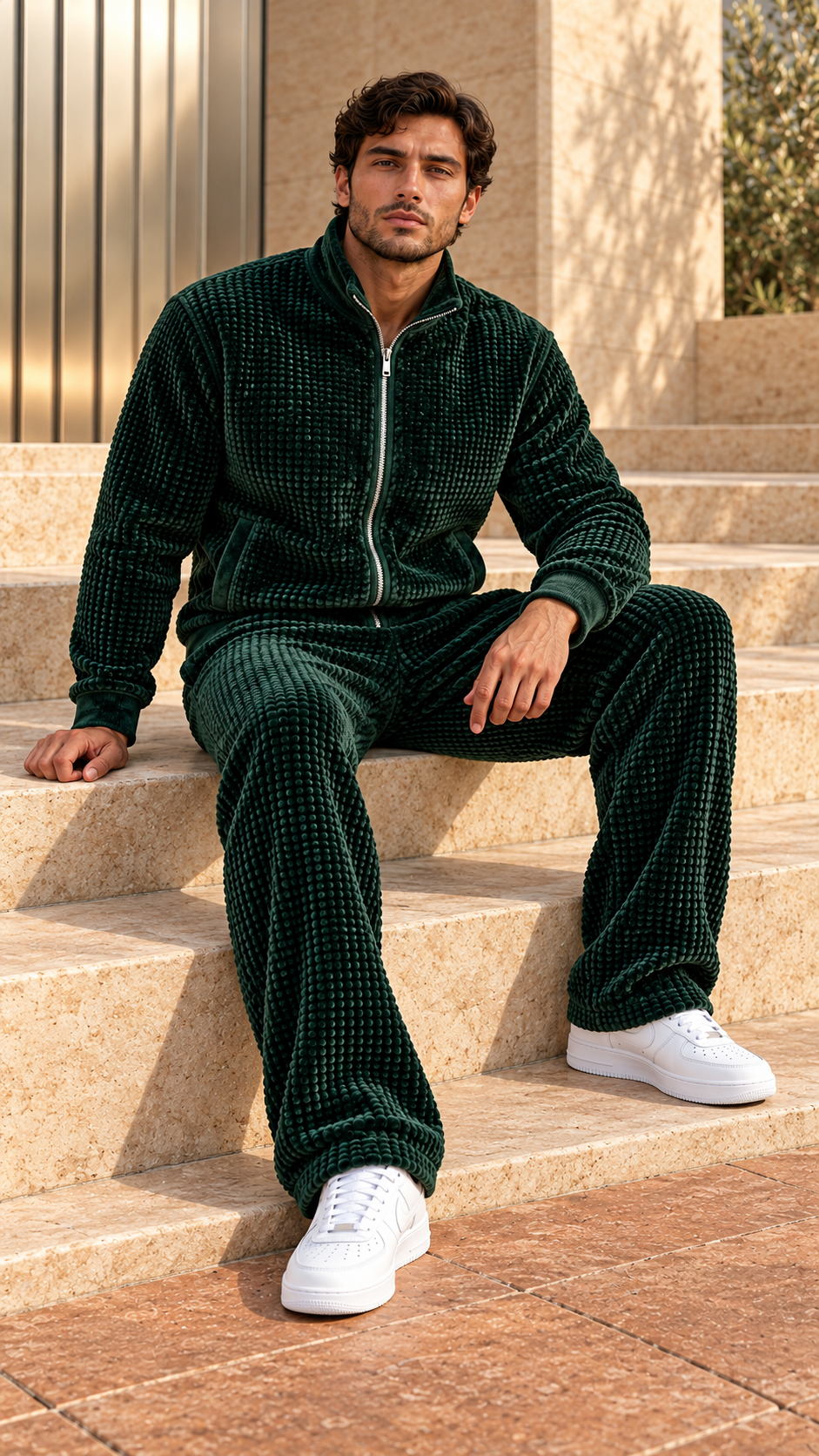 The Waffle Velour Zip Cardigan — Forest Green