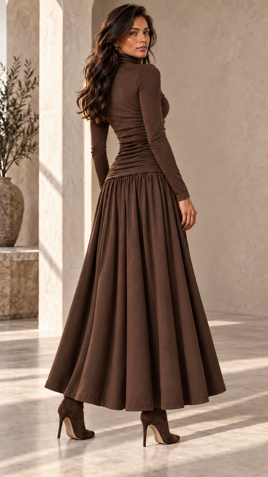 Ruched Turtleneck Long Sleeve Top — Brown
