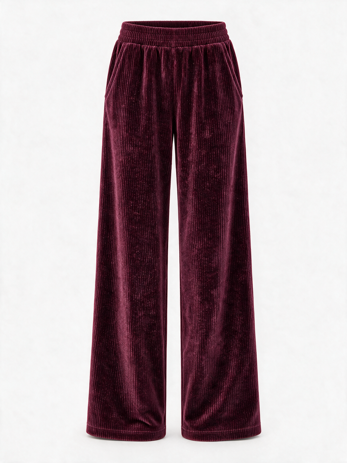 Velour Ribbed Wide-Leg Pants — Burgundy