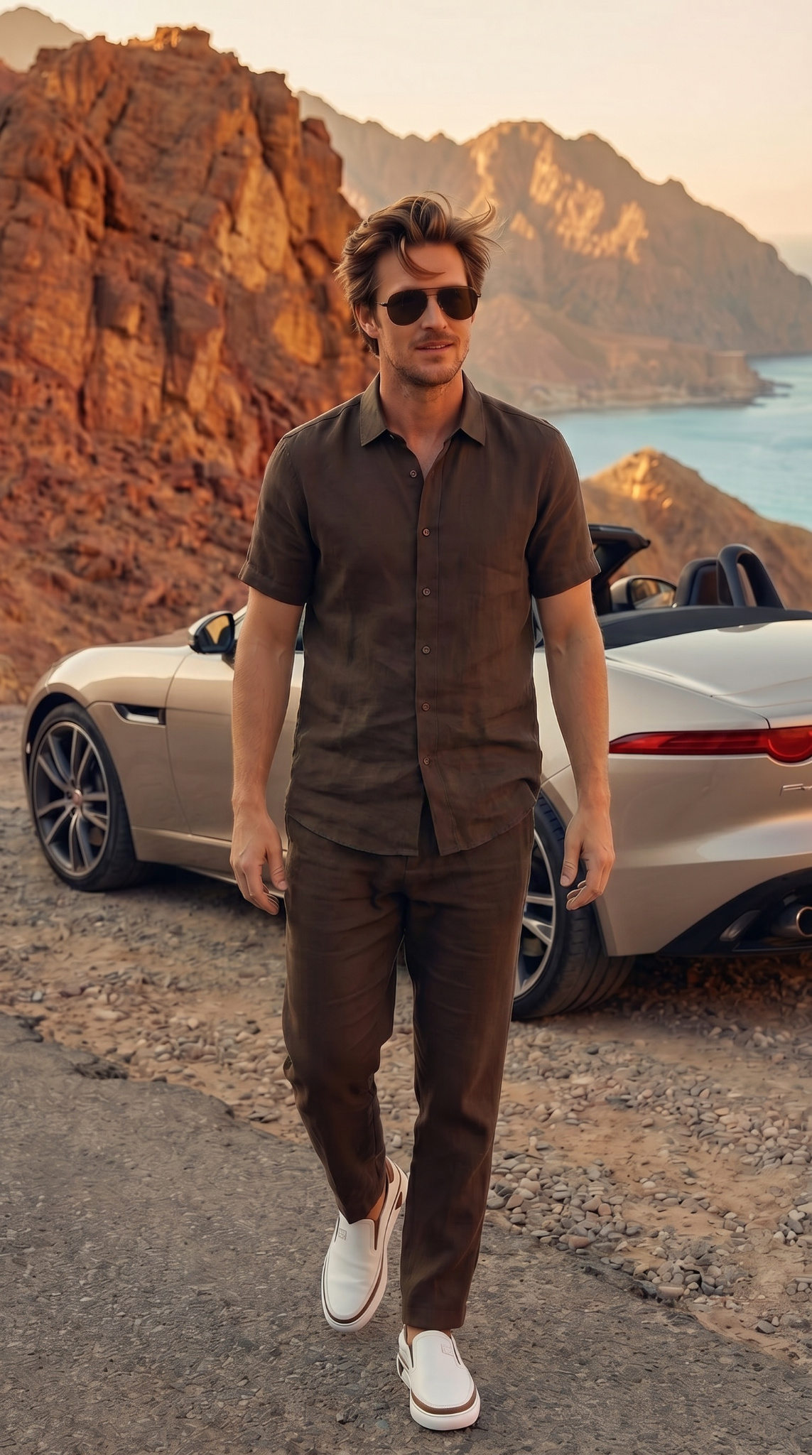 قميص كتان بني بنص كم