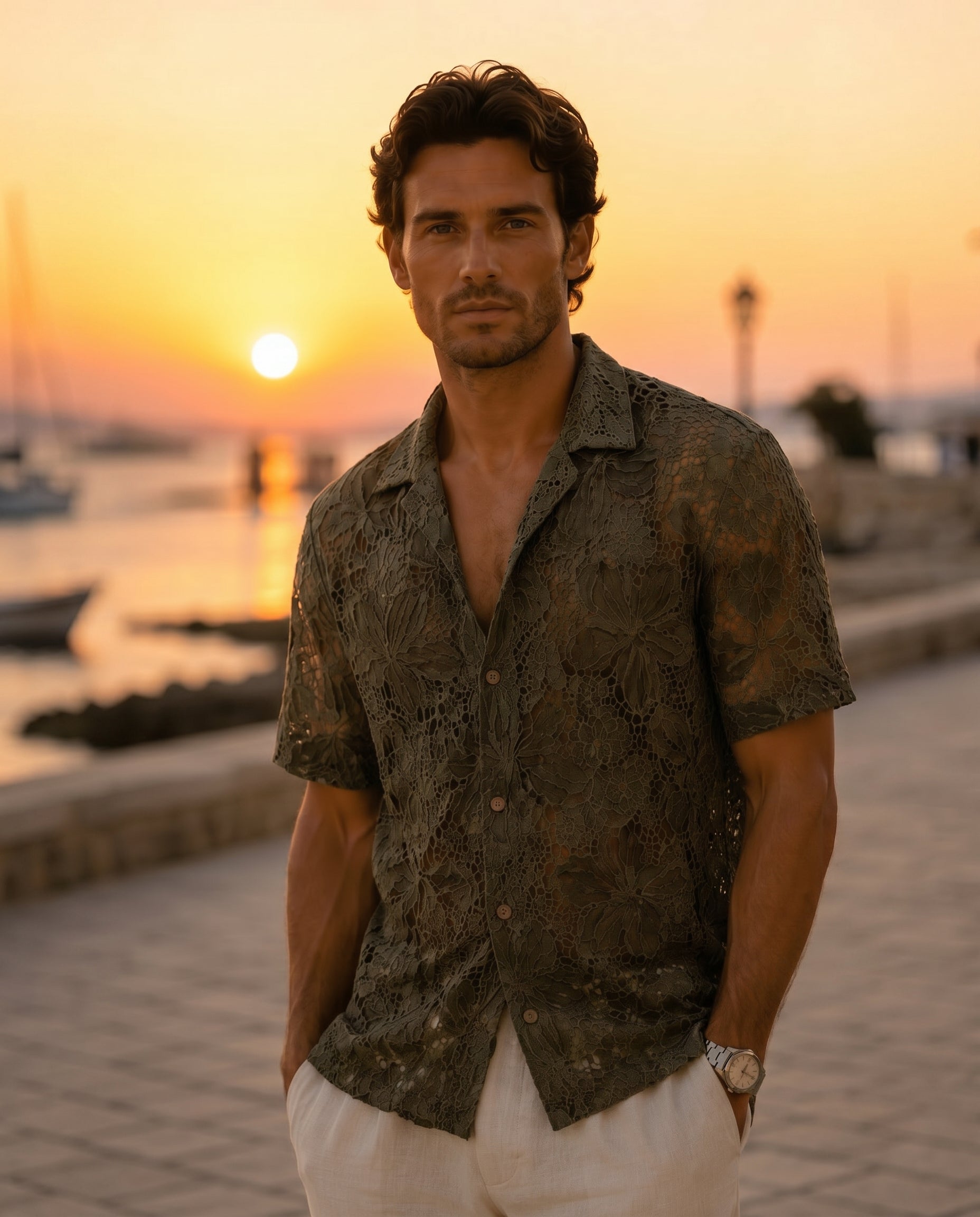 Floral Lace Camp Shirt — Army Green