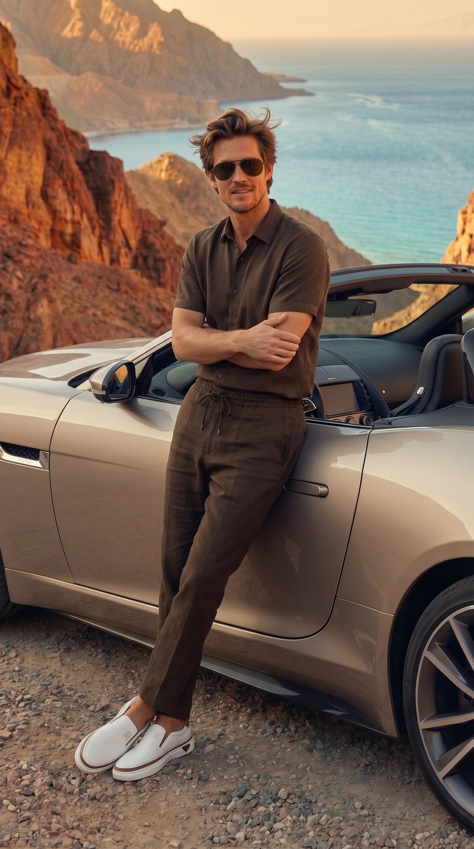 قميص كتان بني بنص كم