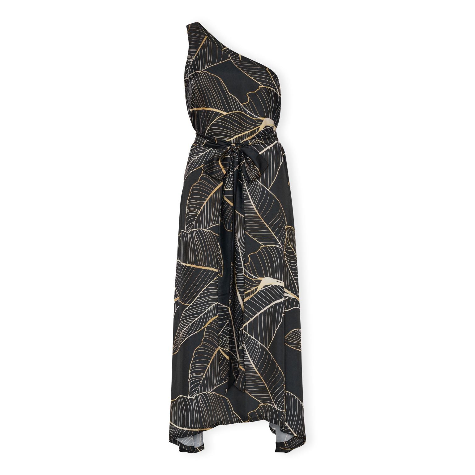 Black satin dress with print