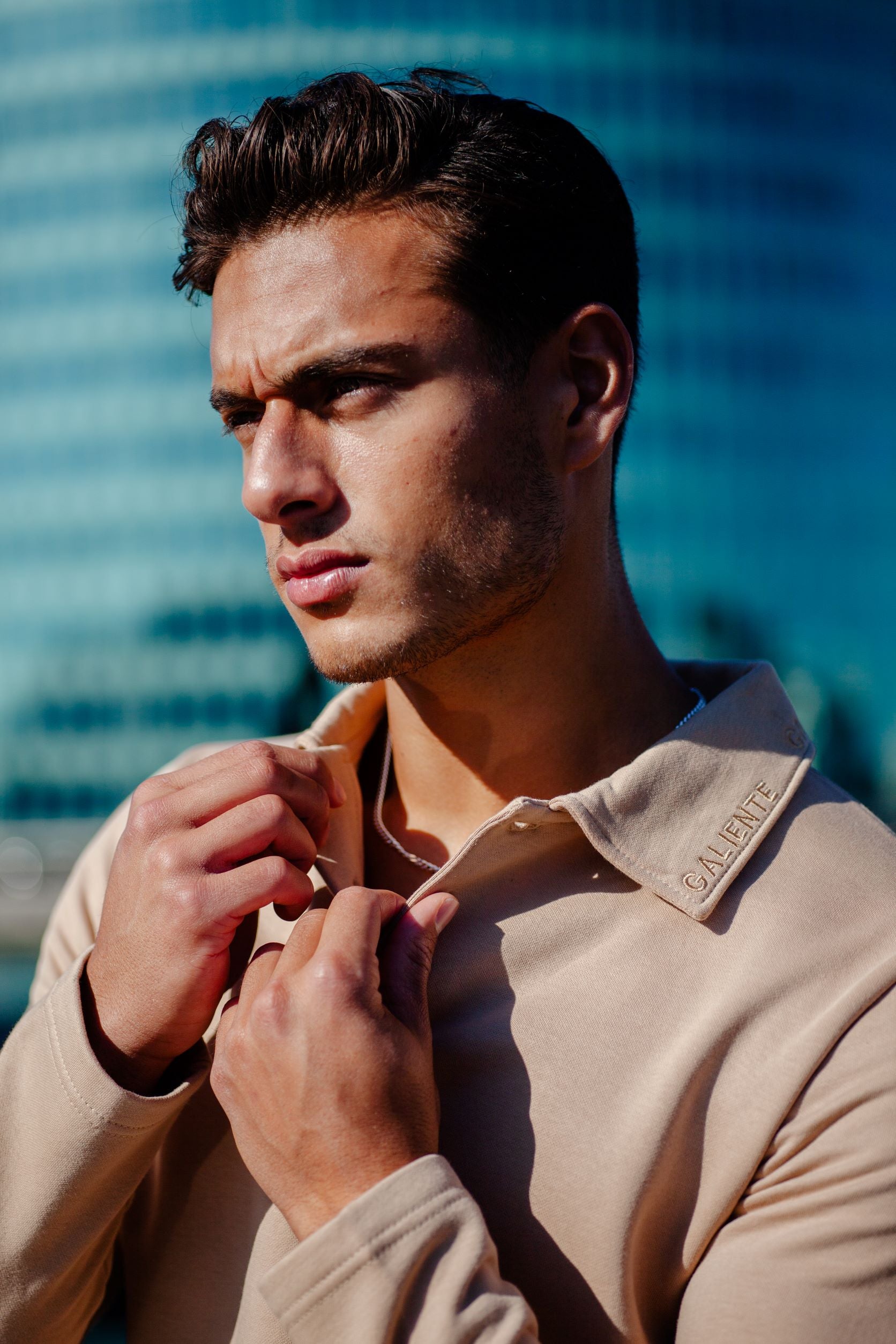 Beige langærmet polo close-up