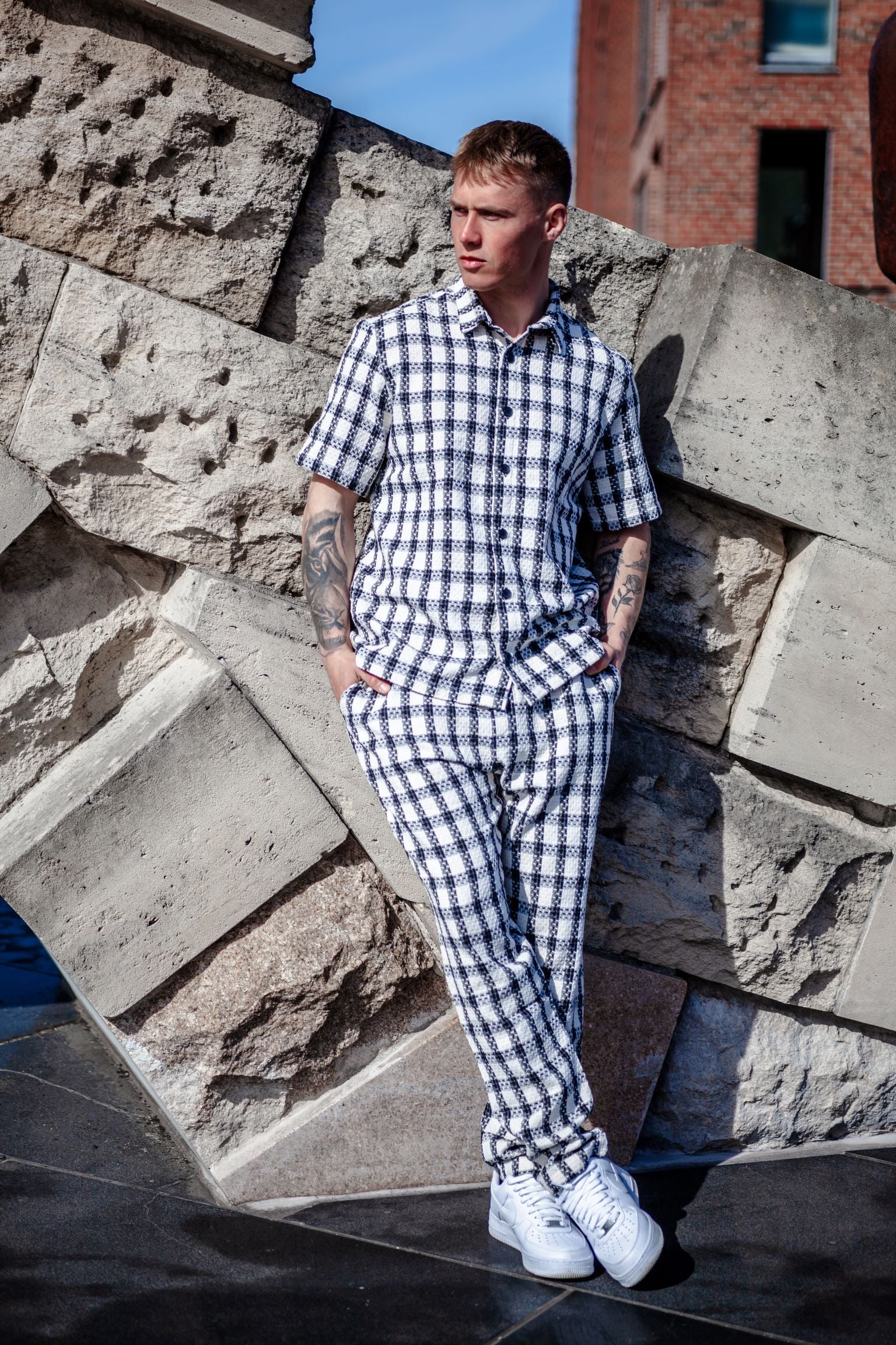 White Checked Boucle Trousers