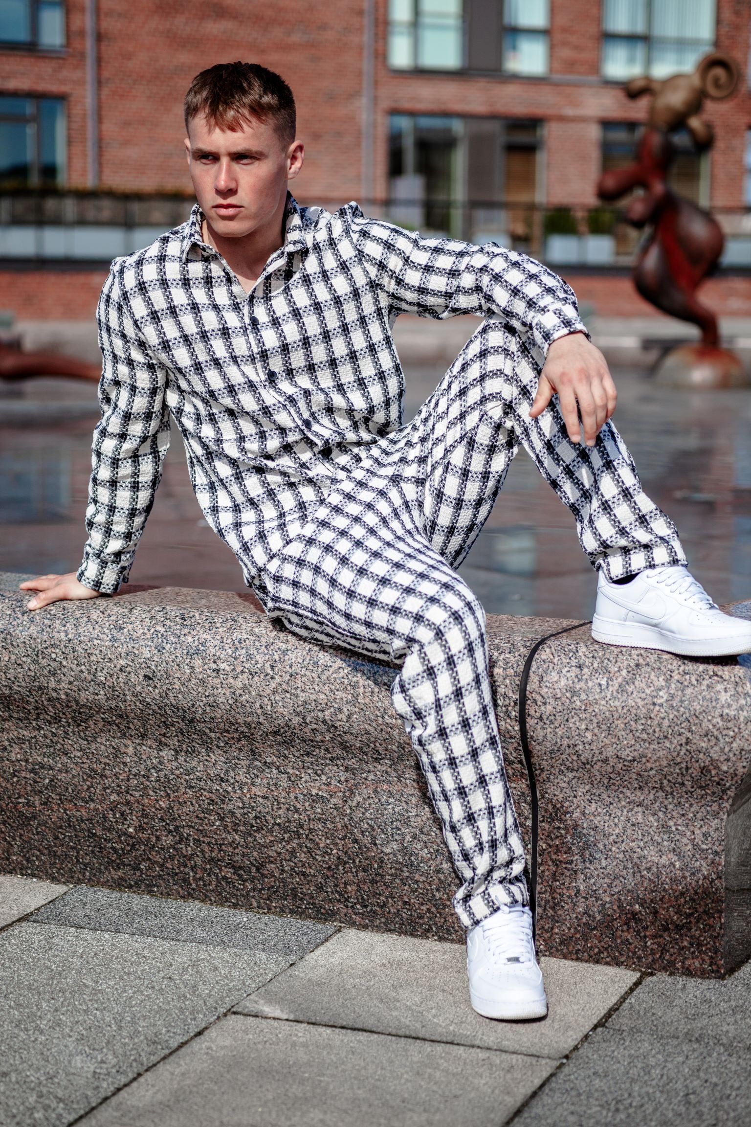 White Checked Boucle Trousers