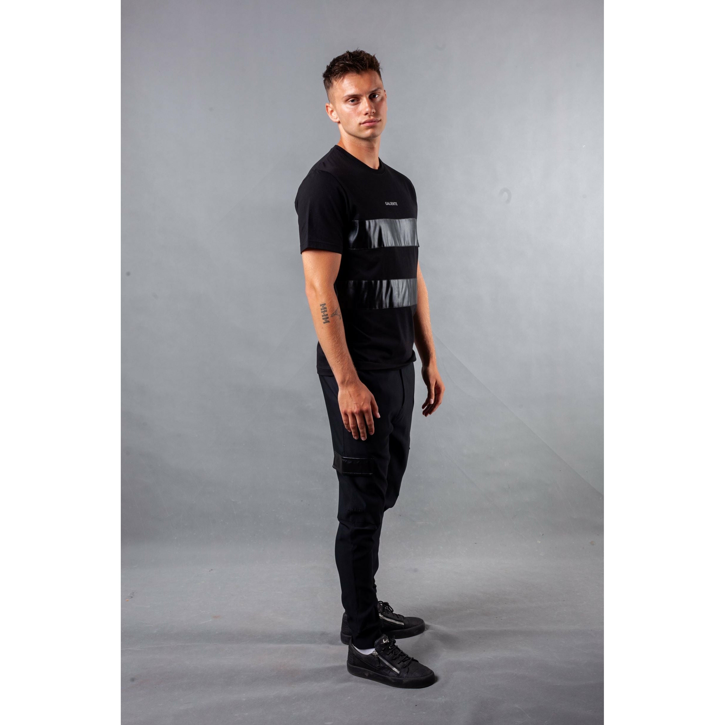 Black T-shirt with leather