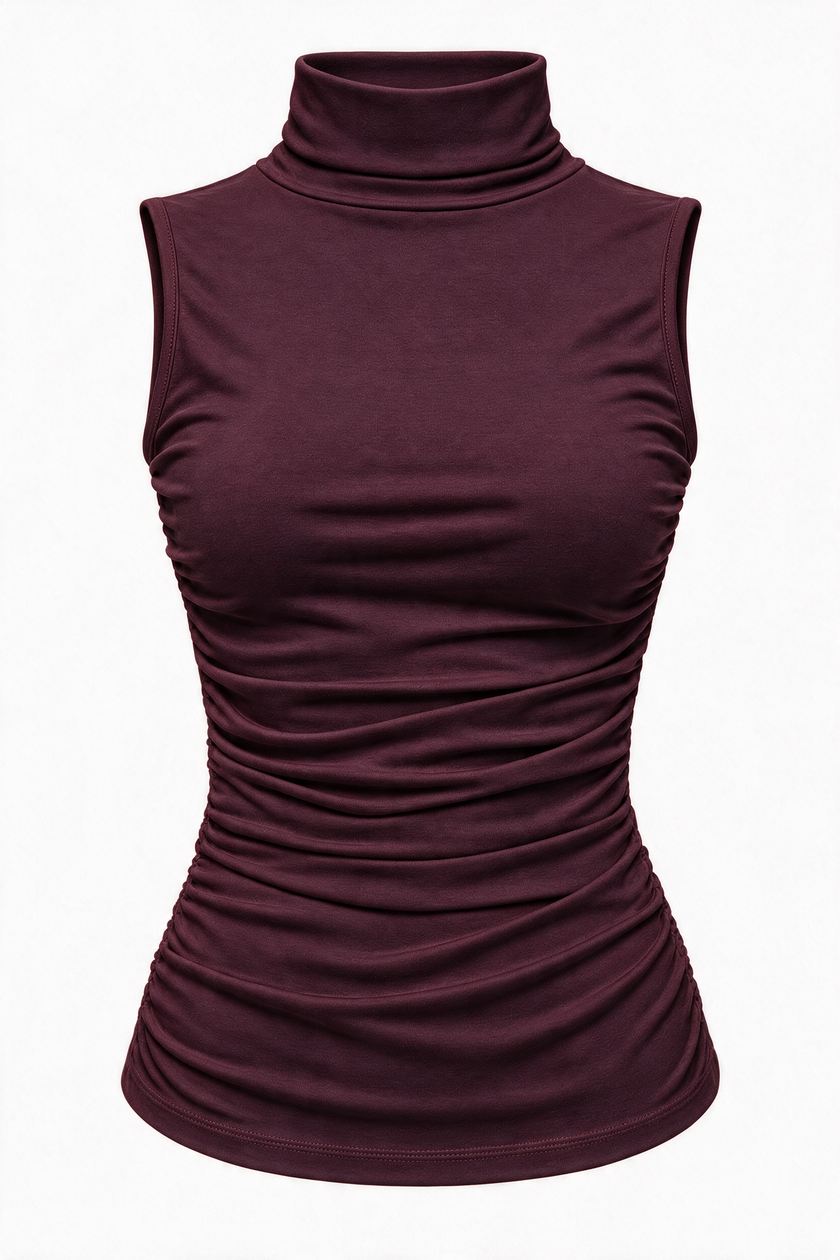 Ruched Turtleneck Top — Burgundy