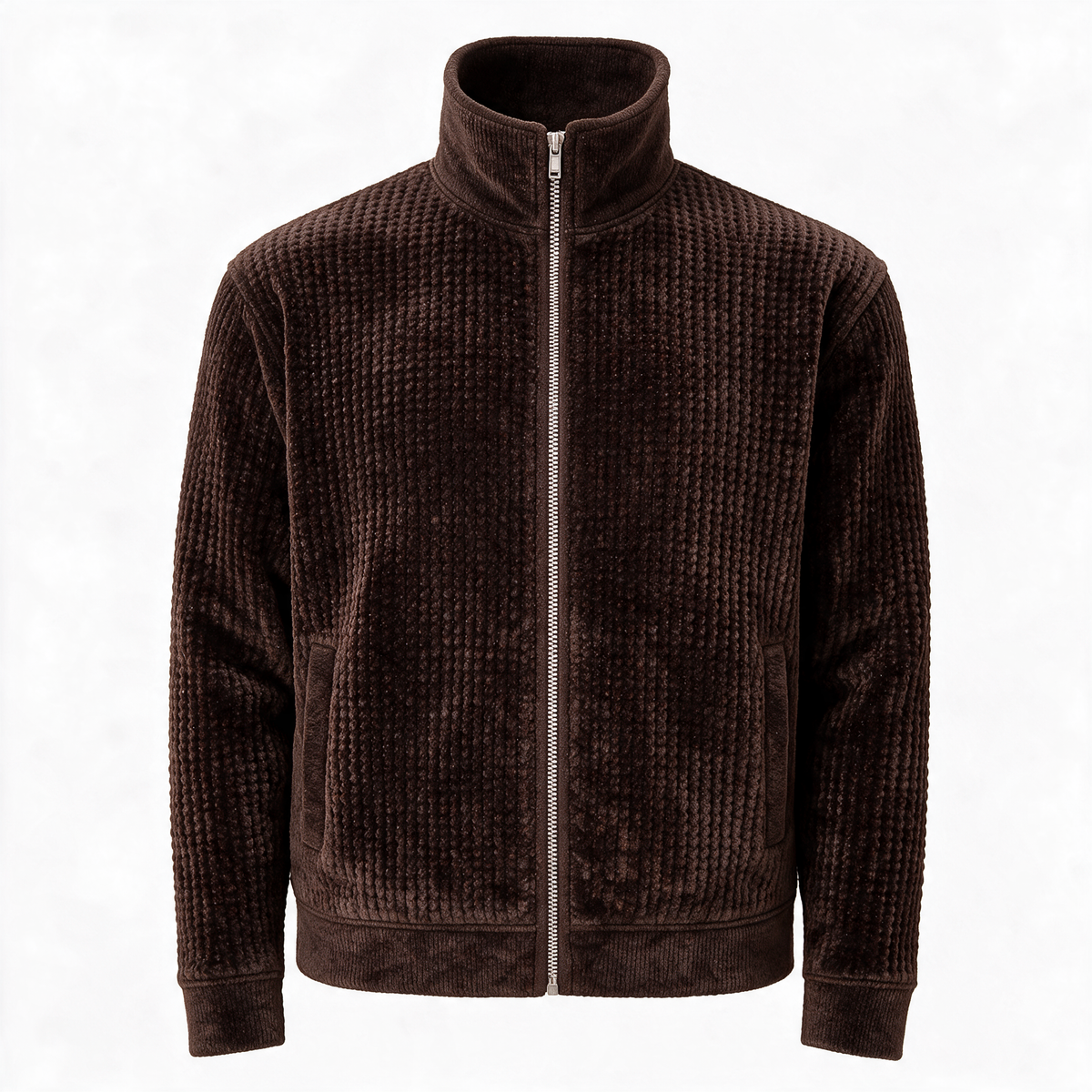The Waffle Velour Zip Cardigan — Dark Chocolate