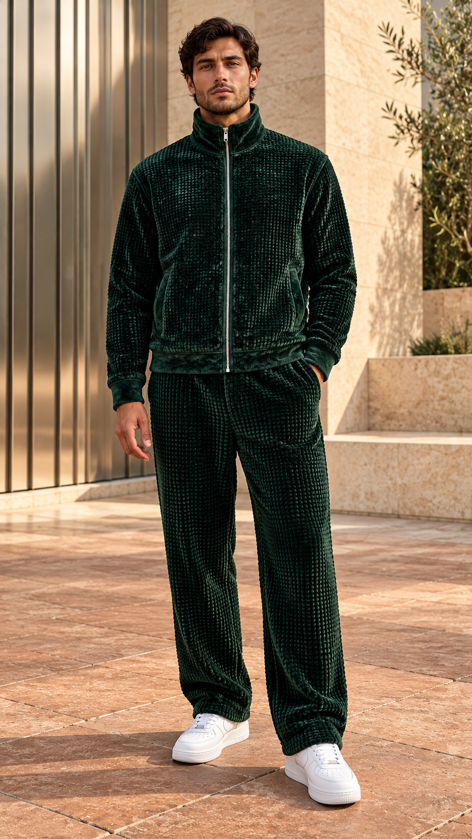Waffle Velour Pants — Forest Green