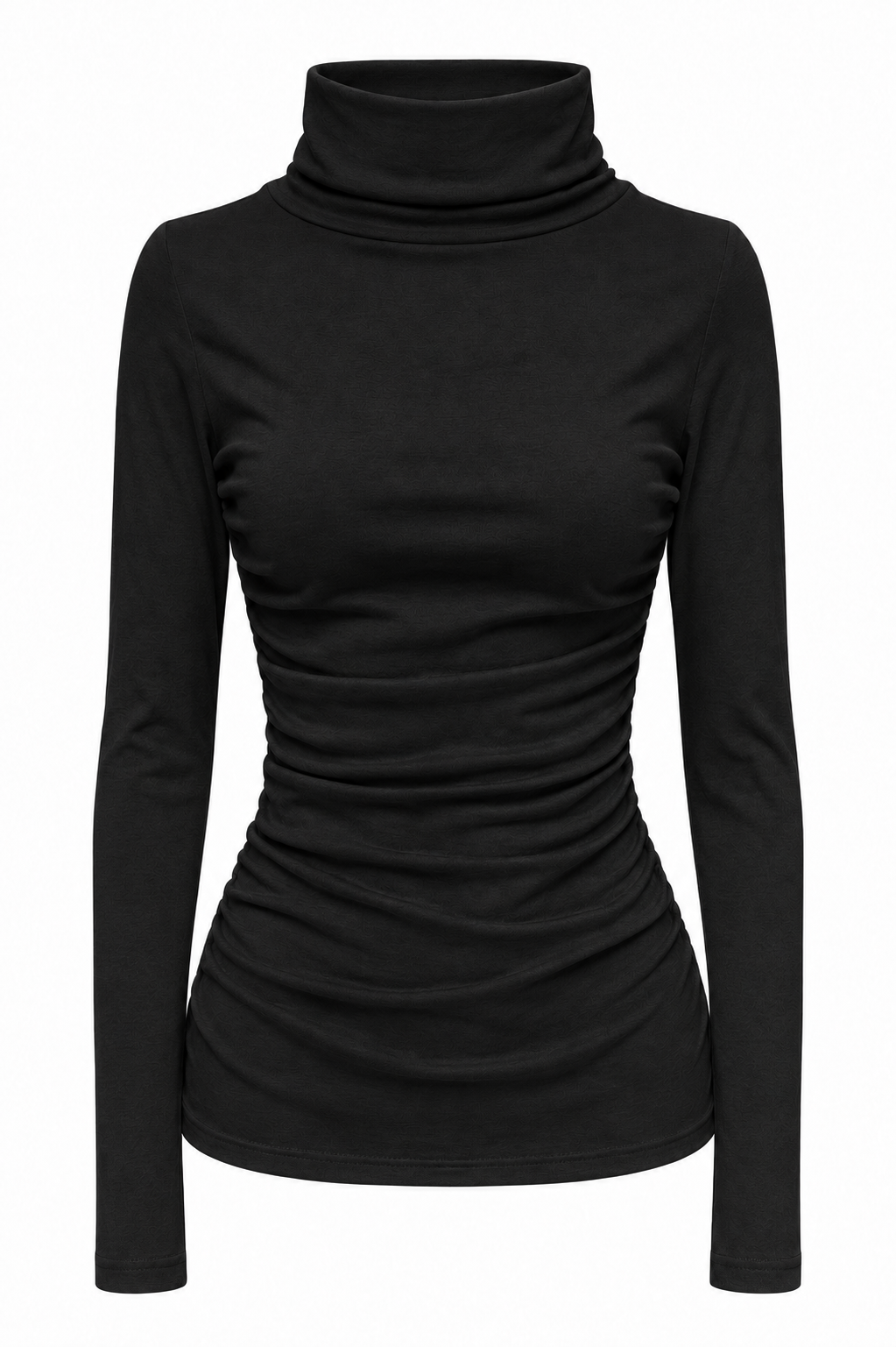 Ruched Turtleneck Long Sleeve Top — Black