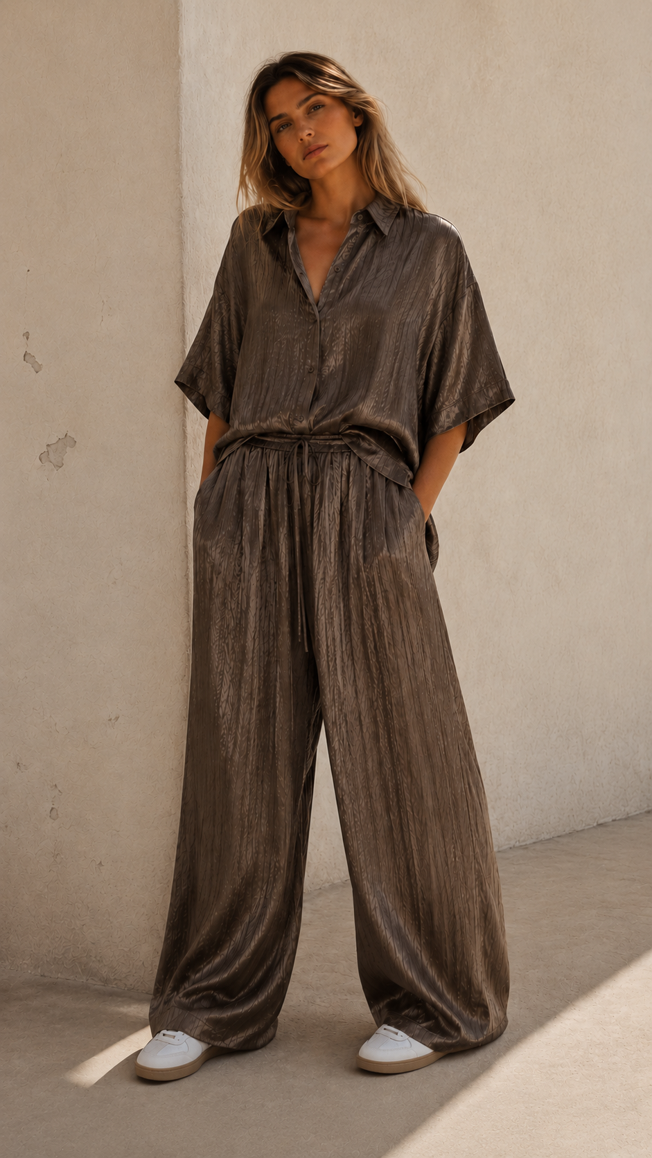 Crinkle Silk Pants — Mushroom taupe