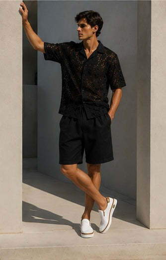 Floral Lace Camp Shirt — black