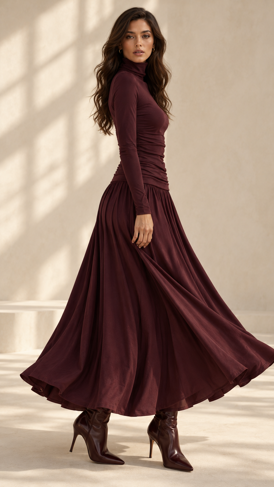 Ruched Waist Maxi Skirt — Burgundy