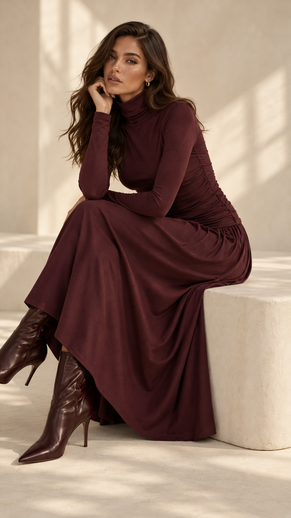 Ruched Waist Maxi Skirt — Burgundy