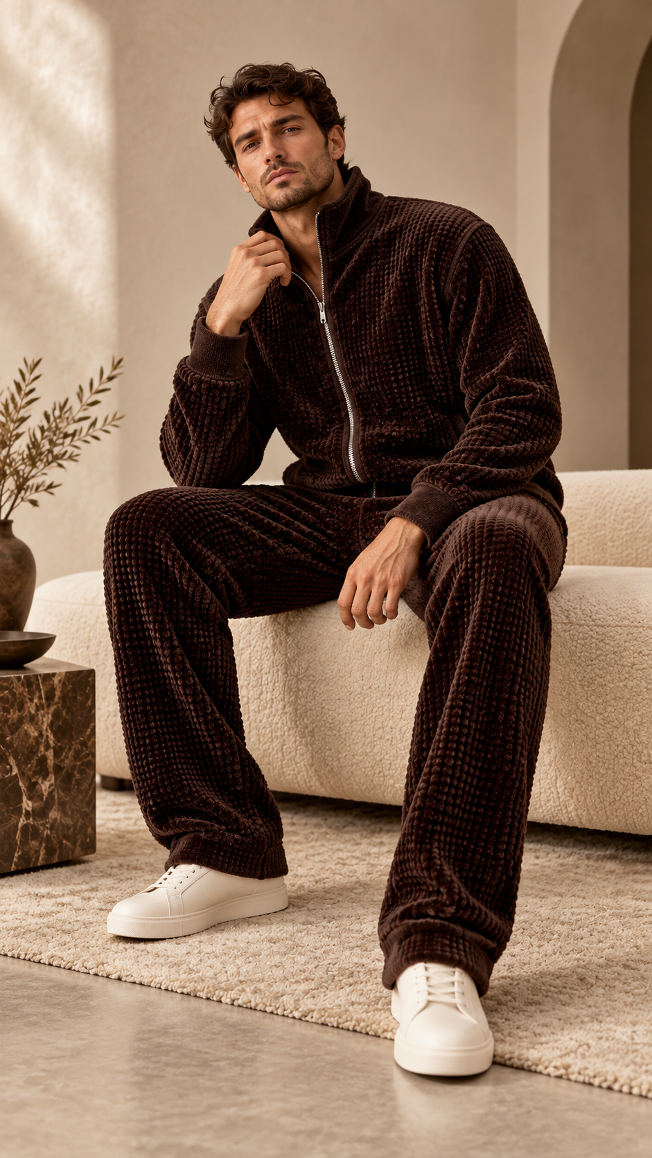 The Waffle Velour Zip Cardigan — Dark Chocolate