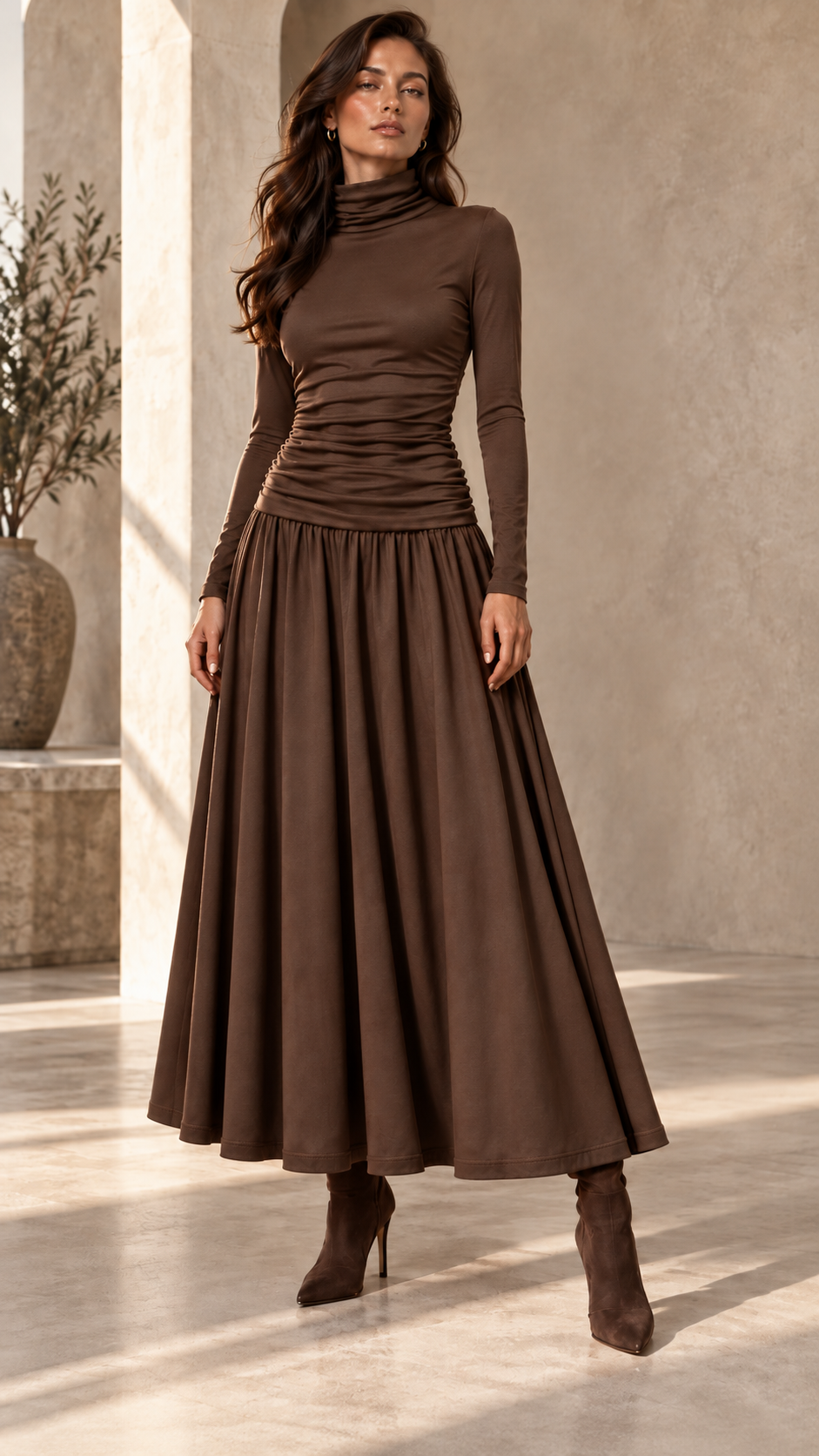 Ruched Turtleneck Long Sleeve Top — Brown