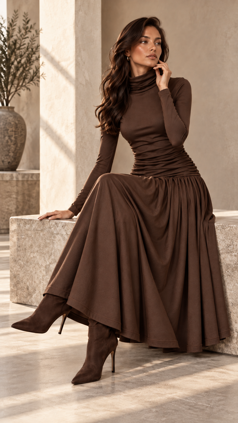 Ruched Turtleneck Long Sleeve Top — Brown