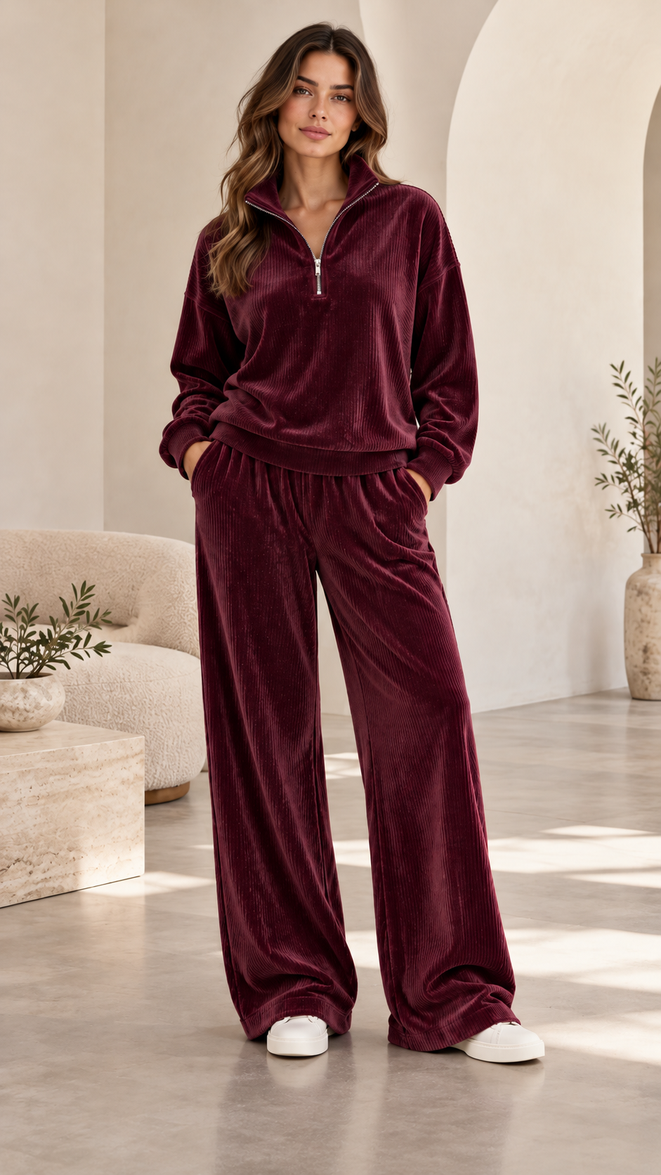 Velour Ribbed Wide-Leg Pants — Burgundy